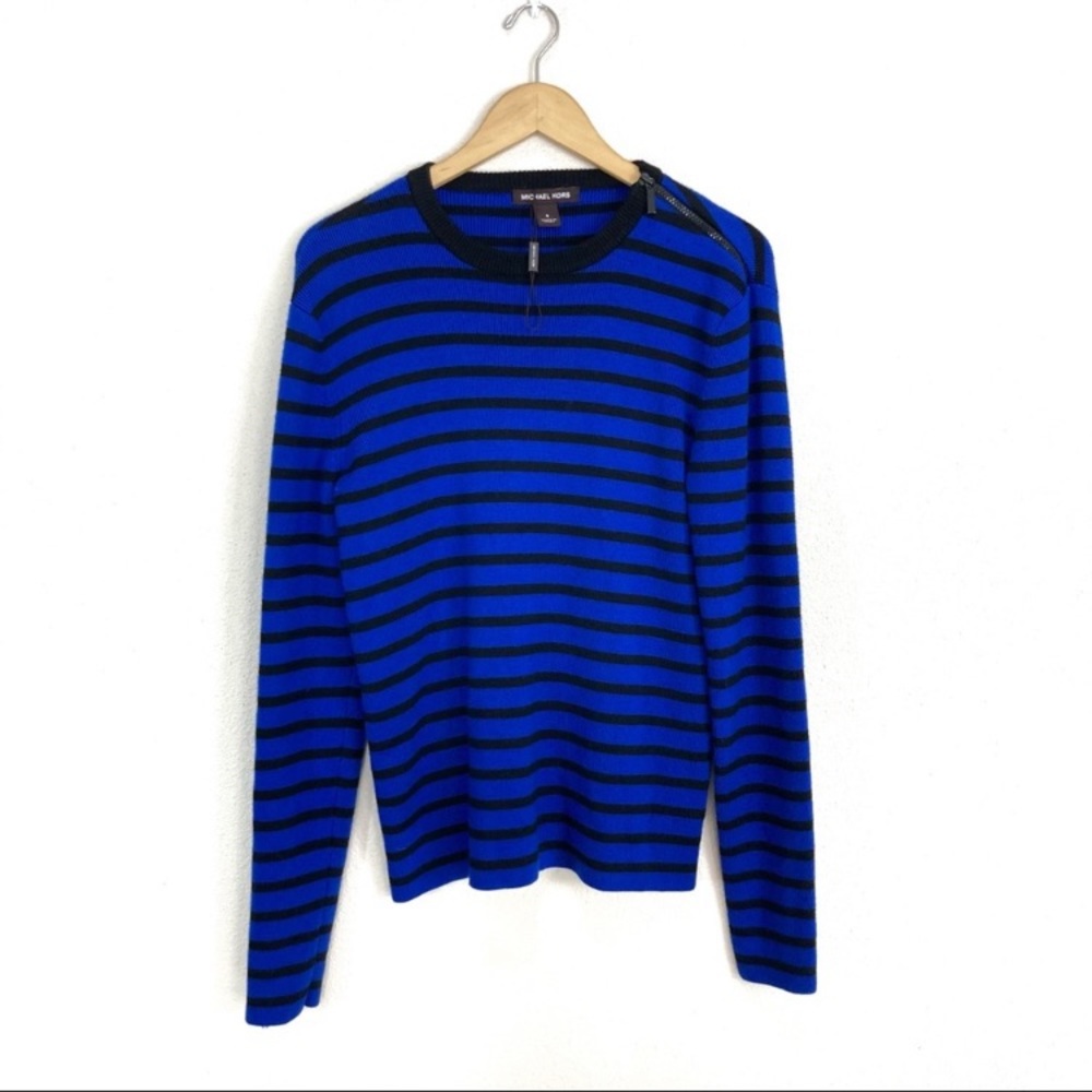 Michael Kors Striped Blue Black Zip Shoulder Merino‎ Sweater Men's Sz Small NEW